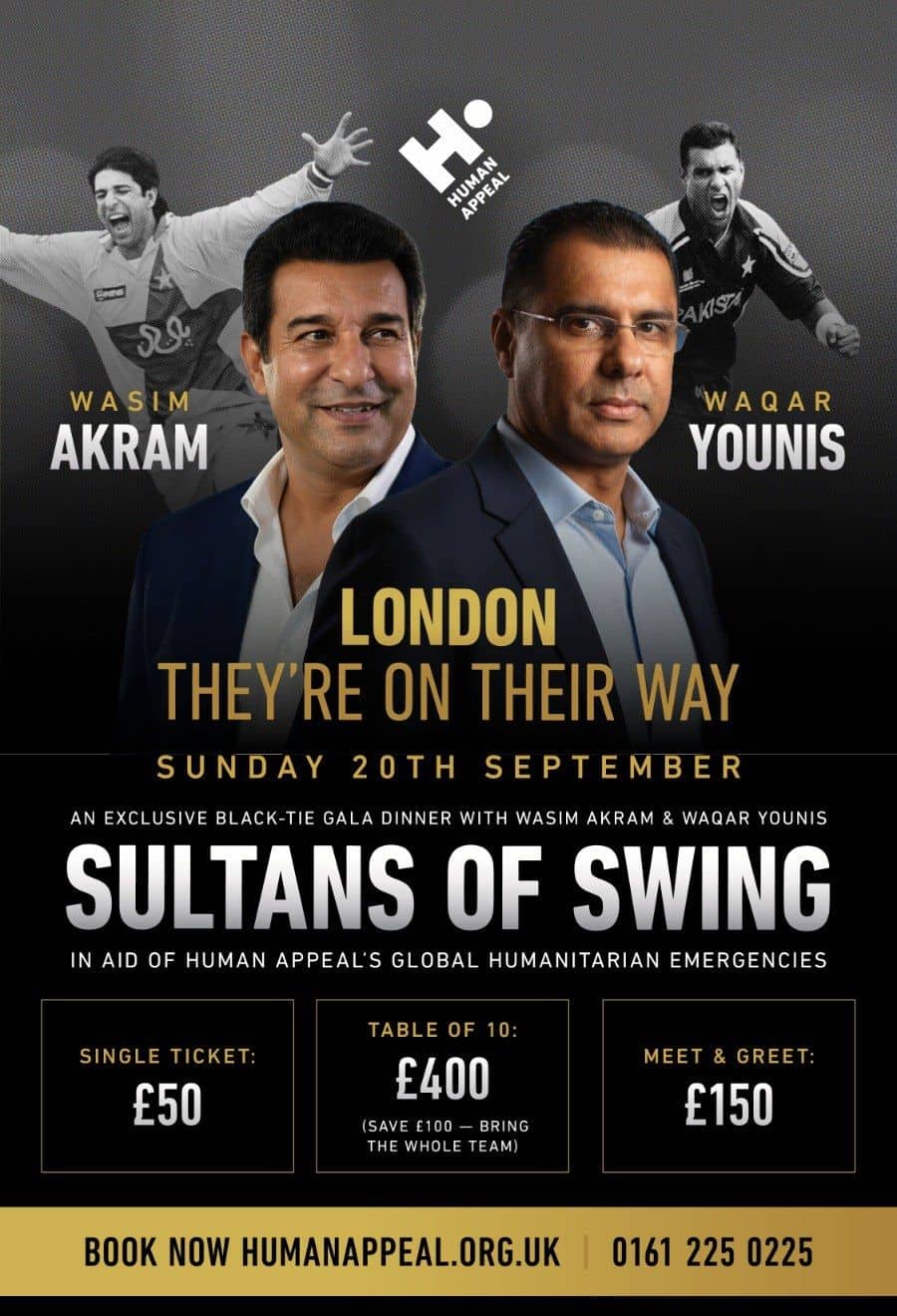 Sultans of Swing London event poster featuring Wasim Akram and Waqar Younis