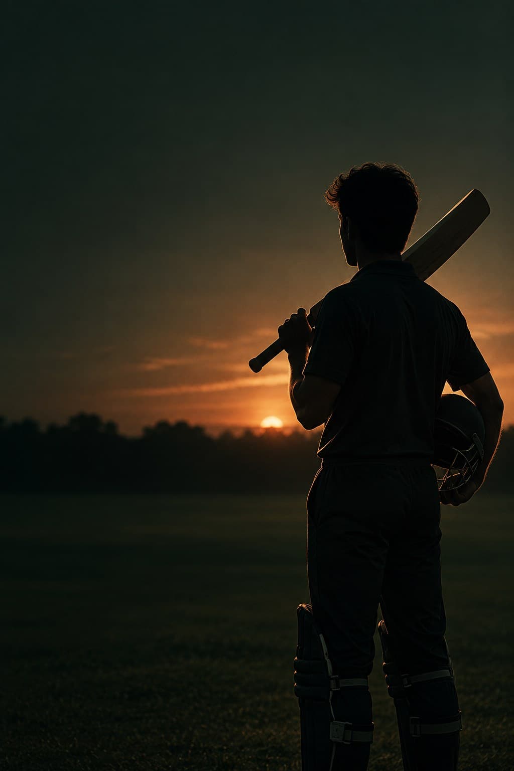 A young cricketer in silhouette at the end of a day's play, bat resting on his shoulder